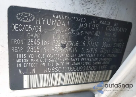 2005 Hyundai Santa Fe Gls z USA, uszkodzony, nr VIN KM8SC13D95U934500